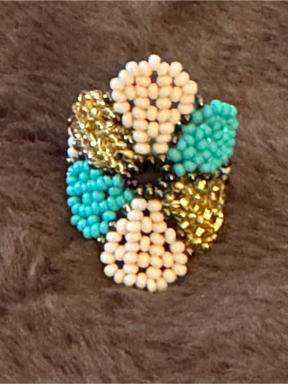 Beaded Floral Statement Ring in Turquoise, Cream & Gold